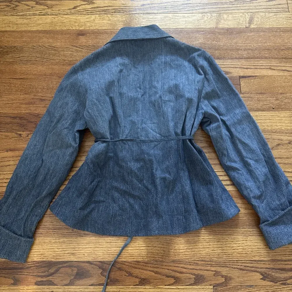 ANNE FONTAINE Denim Notch-Lapel Jacket w wrap-around Tie French Cuff Blue size 4 - Picture 10 of 10